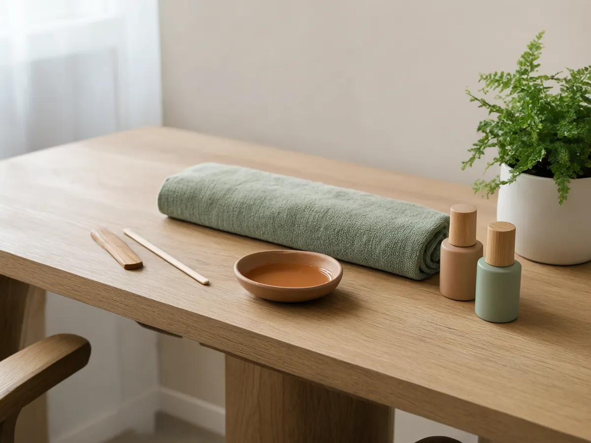 An oak manicure table with a sage towel, a clay dish and wooden tools