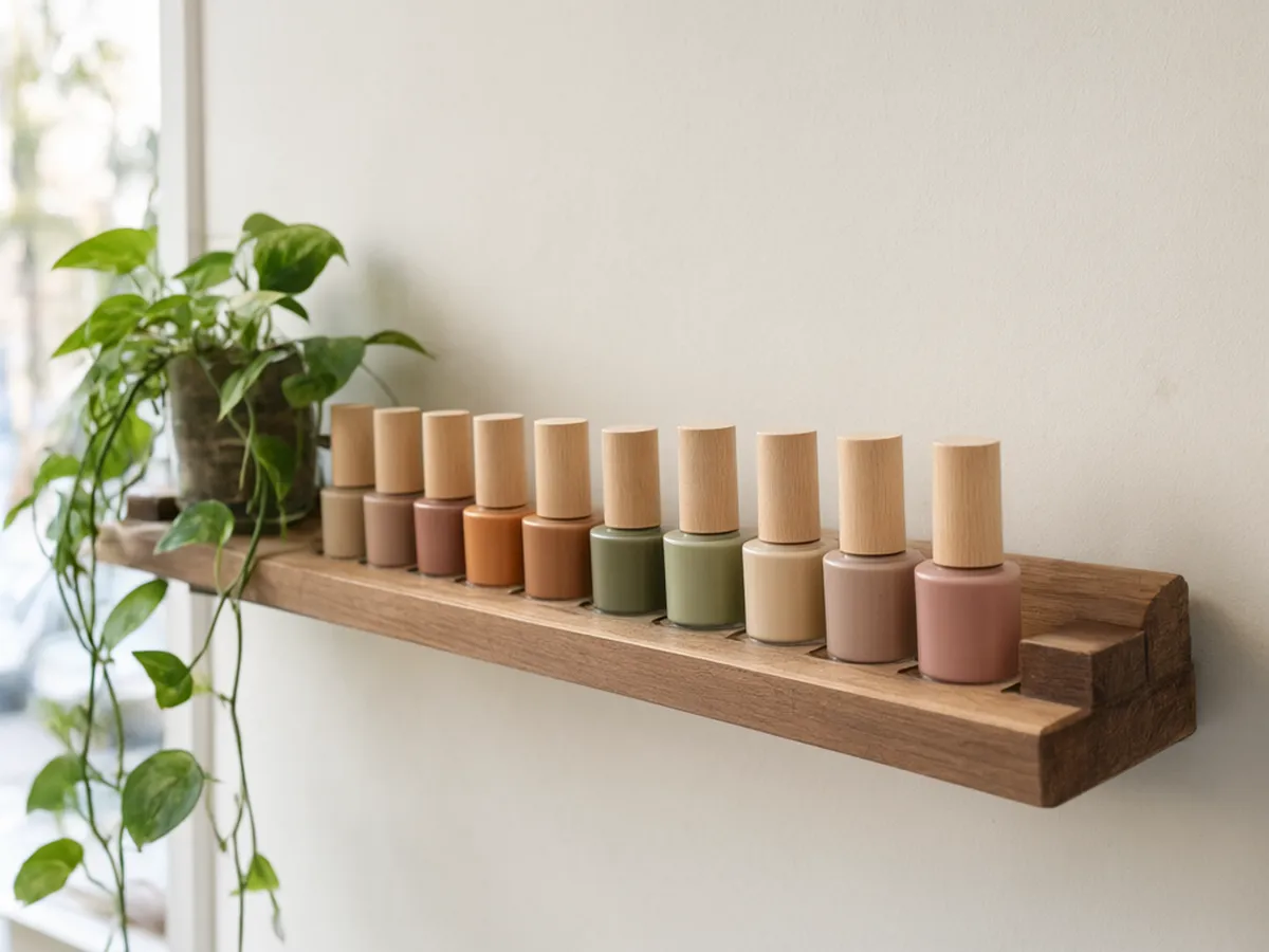 An oak shelf of nail polish in earthy tones with a trailing pothos plant