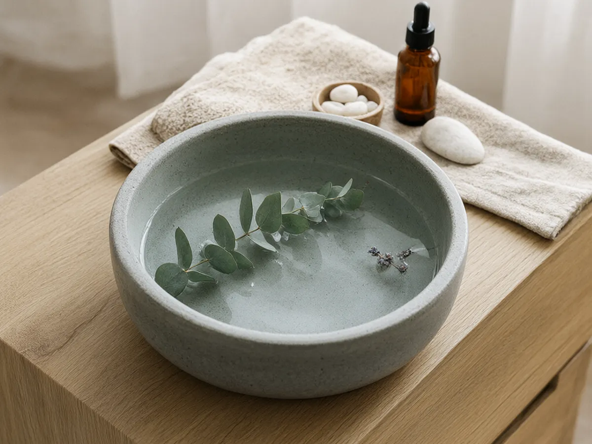 A stone-gray foot basin with eucalyptus and lavender on an oak platform